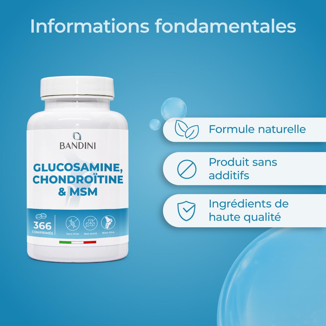 Bandini® Glucosamine Chondroïtine MSM + Vitamine C | 366 comprimés - 6 mois | Réduit inflammations des articulations, renforce le cartilage | 600mg de glucosamine, 100mg de chondroitine & MSM par dose