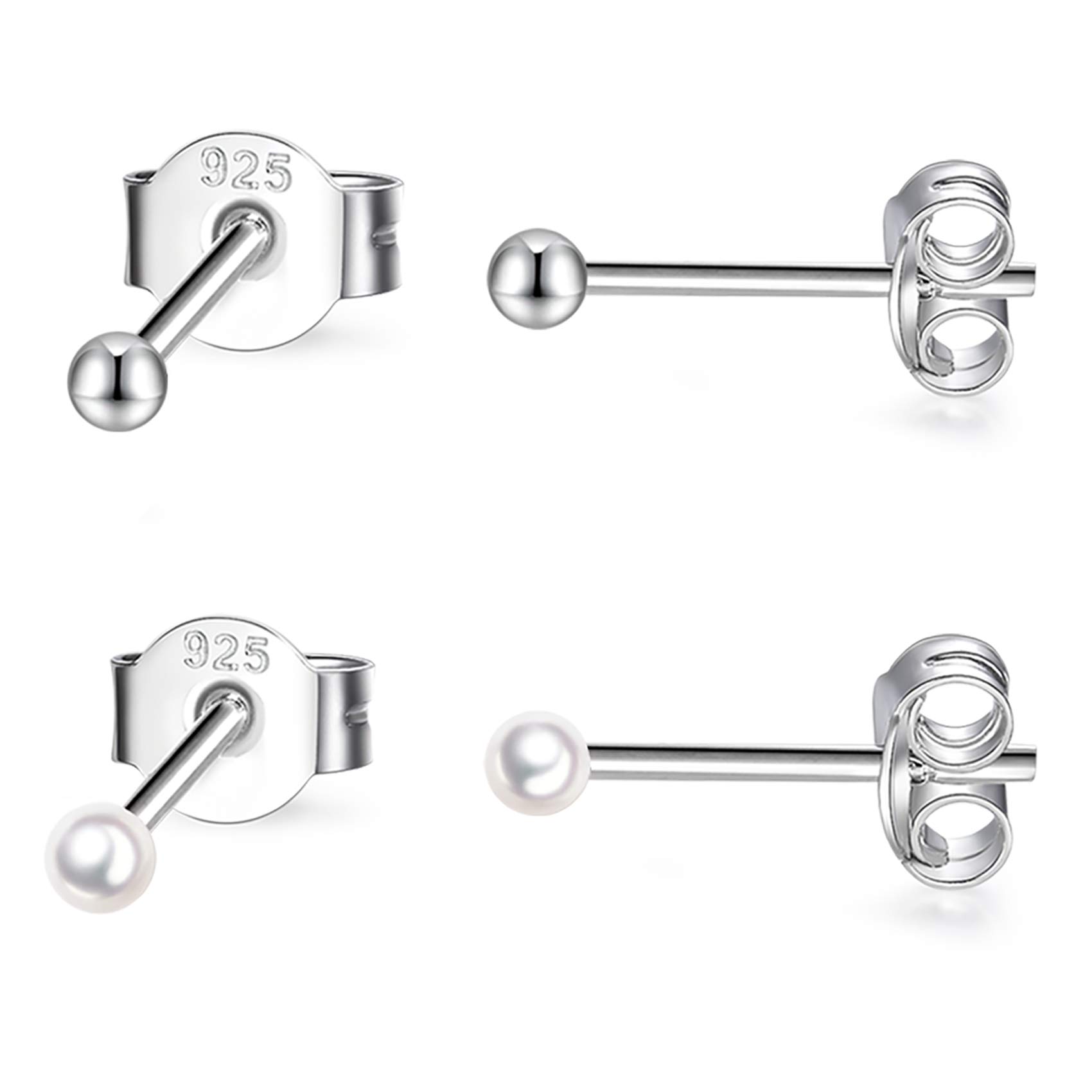 Sterling Silver Stud Earrings for Women- 2 Pairs of Small Cartilage Tragus Stud Earrings Set, 2mm Tiny Cubic Zirconia Earrings Round Ball Earrings & Pearl Earrings