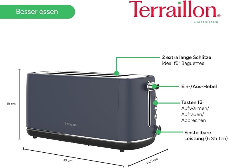 TERRAILLON New Moon hosszú kenyérpirító, 2 extra nagy nyílás, 6 fokozat, 1550W, rozsdamentes acél, kék