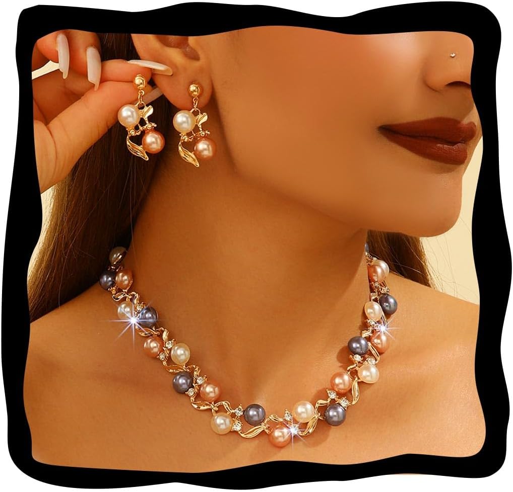 Bridal Jewellery Set Gold Pearl Rhinestone Necklace Earrings Jewellery Set for Women One Size /, No Gemstone