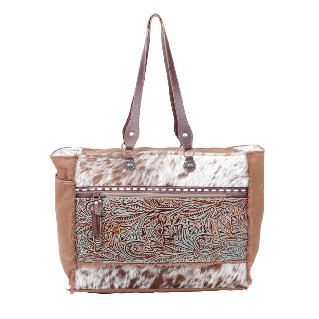 Myra Bag Juniper Cowhide Purse - Large Cowhide Purses for Women, Floral Tooled Leather Accent, Fringes, Western Style