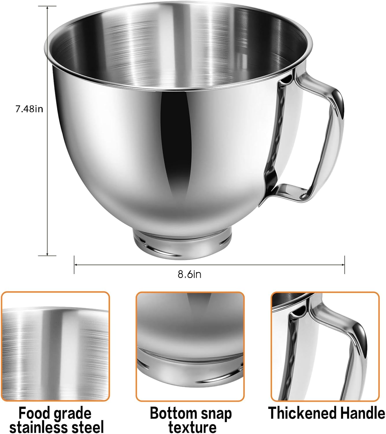 5 Quart Stainless Steel Mixer Bowl Compatible with KitchenAid Tilt-Head Stand Mixer, Replacement Mixing Bowl,Dishwasher Safe