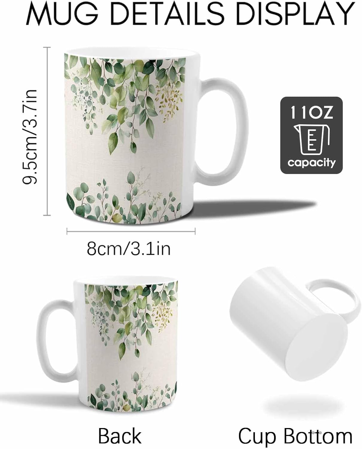 BEMIGO Ceramic Coffee Mug Spring Eucalyptus Leaf Ceramic Mug White Cup, Vintage Country Insulated Coffee Cup with Handle with Pattern Perfect for Tea and Hot Beverages, 12oz