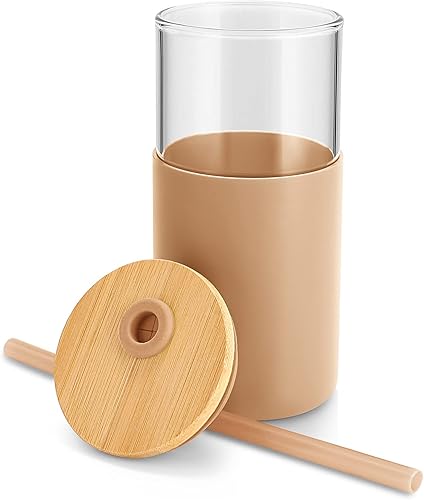 Miniatura 3 de tronco Vaso de vidrio de 24 onzas con popote y tapa, taza de vidrio con tapa y pajita, taza de batido, taza de café helado, tapa de bambú y funda