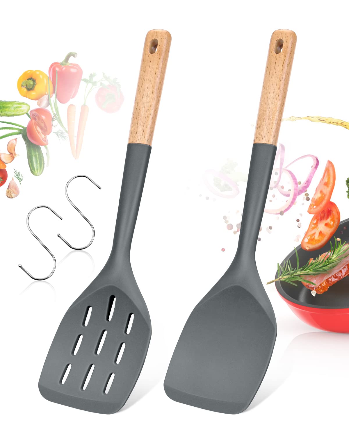 Pack of 2 Silicone Spatula, Non Stick Cooking Utensil Set Wooden Handle Kitchen Turner for Baking Mixing Grilling Serving Food Heat Resistant Non Scratch Hooks Included (Grey)