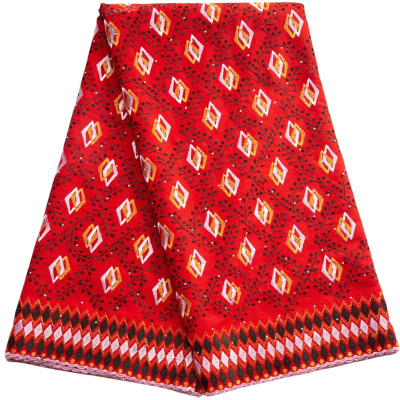 KAJURUI African Lace Fabric 5 Yards, French Rhombus Printing Embroidery Cotton Lace Fabric for Daily/Party/Wedding Sewing