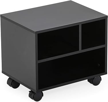 FITUEYES Mobile Printer Stand with Storage, Under Desk Black Wood Small Rolling Printer Table Work Cart with Wheels and 3 Compartment Organizer Spaces for Home Office, 15.7 x 11.8 x 13.8