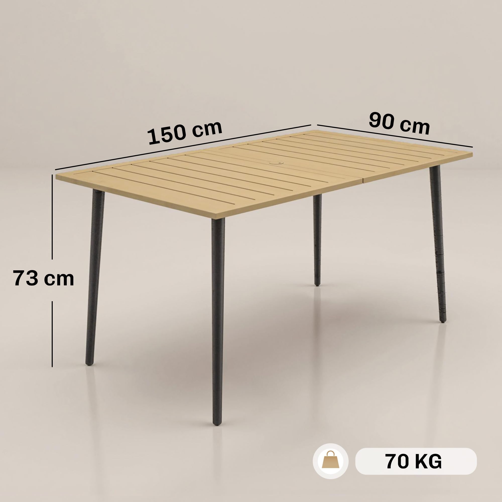 Outsunny Gartentisch 150x90cm Wetterfest Balkontisch mit Schirmloch Braun | Aus Stahl, Lamellendesign, Outdoor Campingtisch, Beistelltisch, Rechteckig, Terrassentisch für Garten Balkon