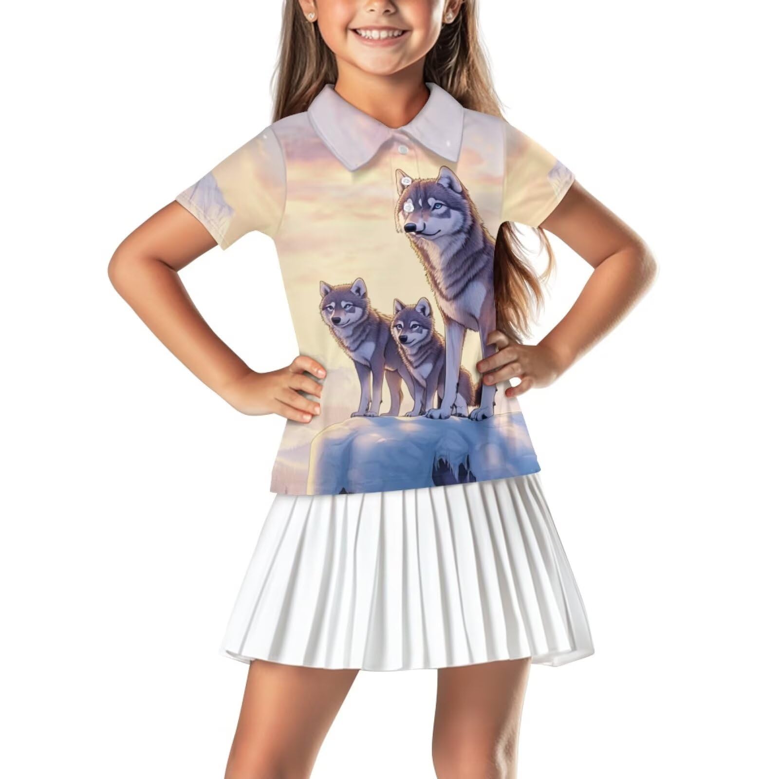 Frymappies Girl Wolf Golf Shirts Size 13-14 Kids Short Sleeve Collared Tennis Shirt Summer Button Up Golf Uniform Little Girls Novelty Quickly Dry Athletic Workout Sport Outfits