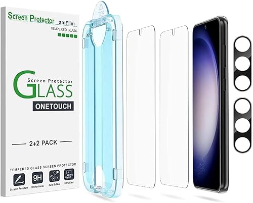amFilm OneTouch - Paquete de 2 + 2 protectores de pantalla de vidrio templado de 6.1 pulgadas, dureza 9H con protector de lente de cámara de vidrio