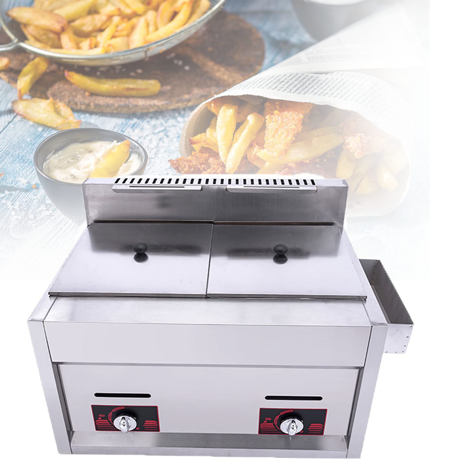 UMJIGF Commercial Deep Fryer W/2 Removable Baskets & Lid,20l Countertop Stainless Steel Dual Tank Kitchen Frying Machine,for French Fries,