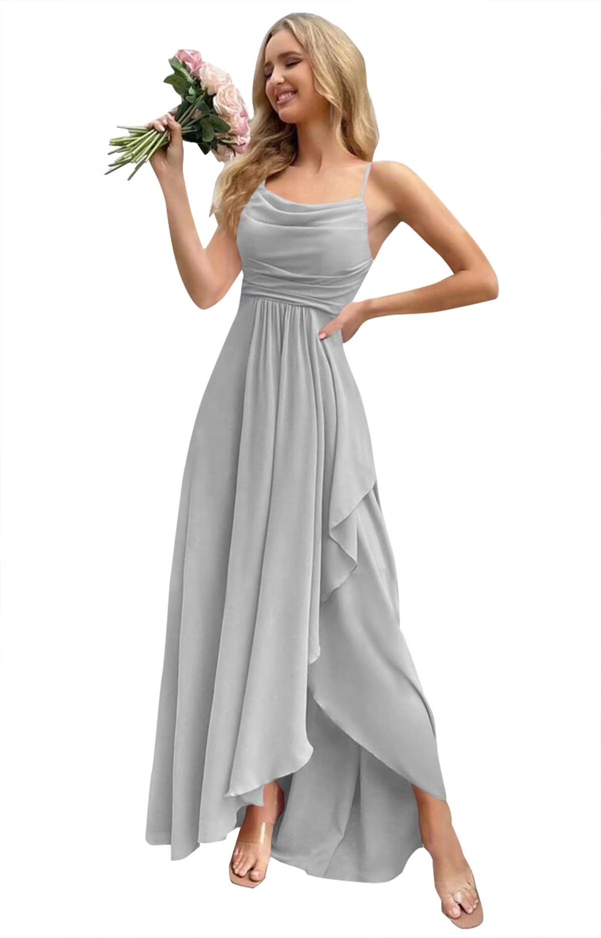 Monvelli Asymmetrical Cowl Neck Bridesmaid Dresses Long Ruffle Chiffon Empire Waist Formal Party Gowns with Pockets
