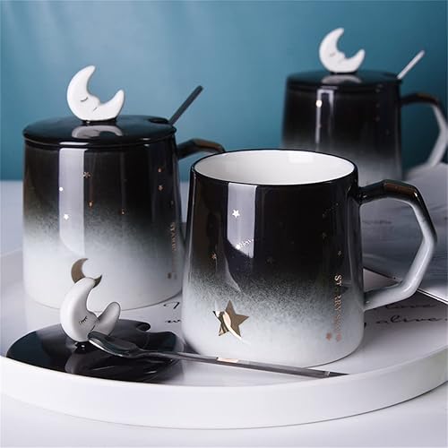 Miniatura 5 de Arawat Taza de café Kawaii con tapa y cuchara de 14.2 fl oz14 onzas, taza de cerámica Kawaii Moon Star para chocolate, leche, café con leche,