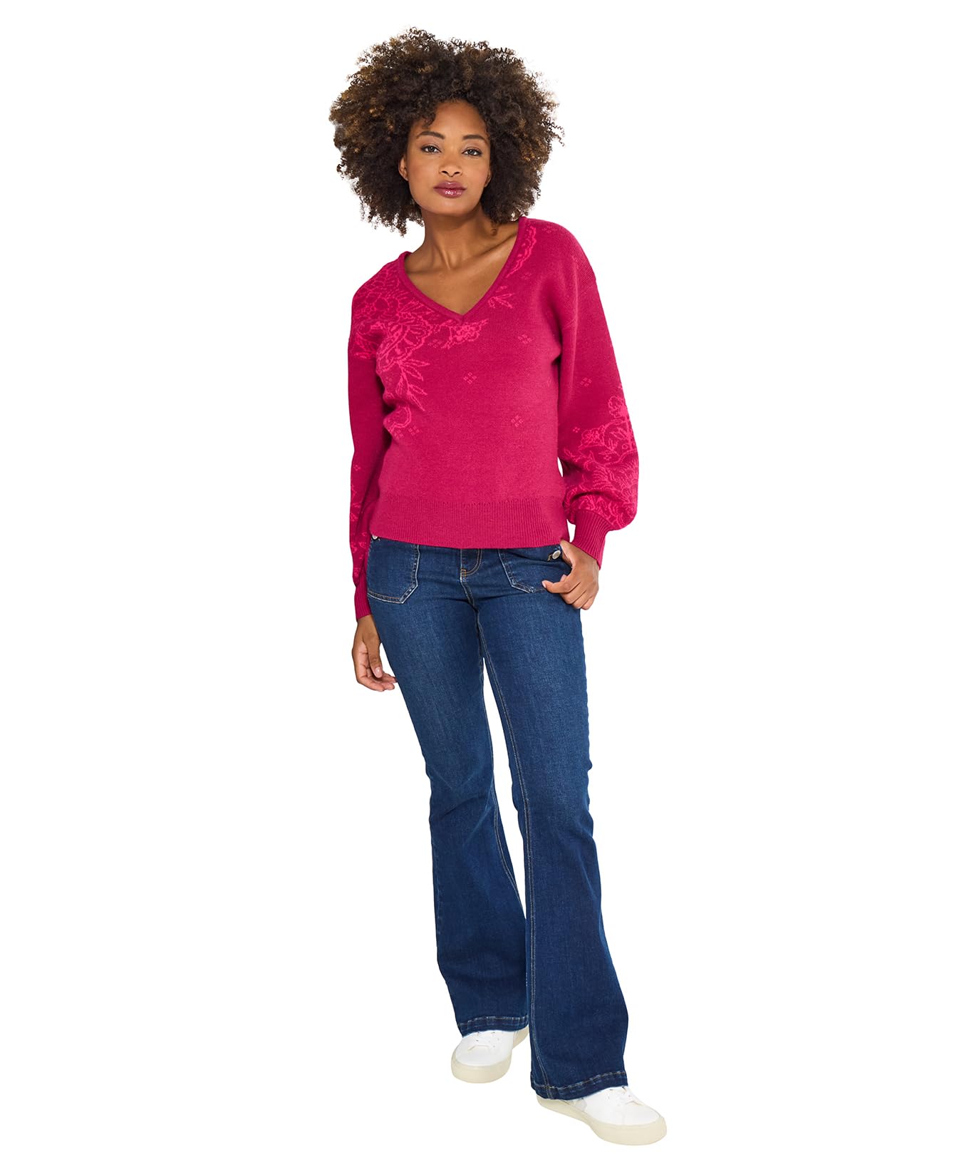 Joe Browns Women's Relaxed Fit Paisley V-Neck Jumper, Regular, Pink, UK 14