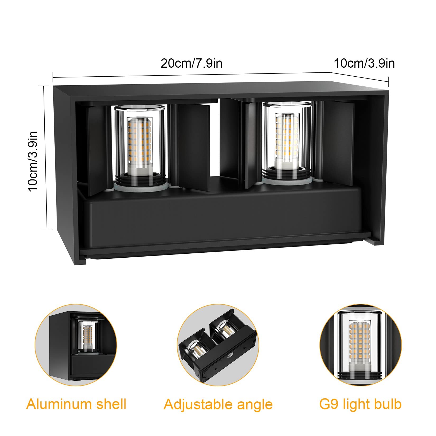 Klighten 2PCS 18W Aplique pared LED Con G9 LED Bombillas Reemplazables, Blanco Cálido 3000K Lampara de pared Interior/Exterior IP54 Ángulo ajustable Lámpara Pared Negro