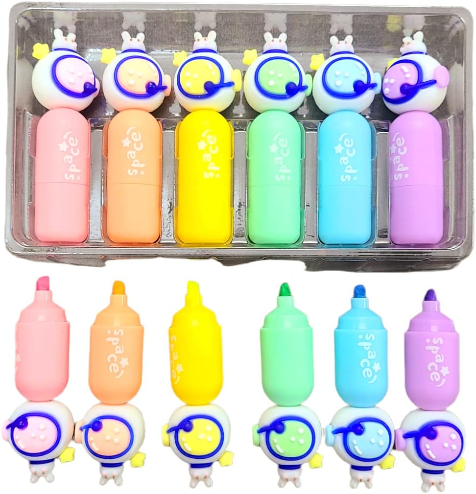 Pack of 6 Space Astronaut Head Shaped Mini Neon Highlighter Marker Pens for Boys School College Students Chisel Tip Gift Set Space Party Favors