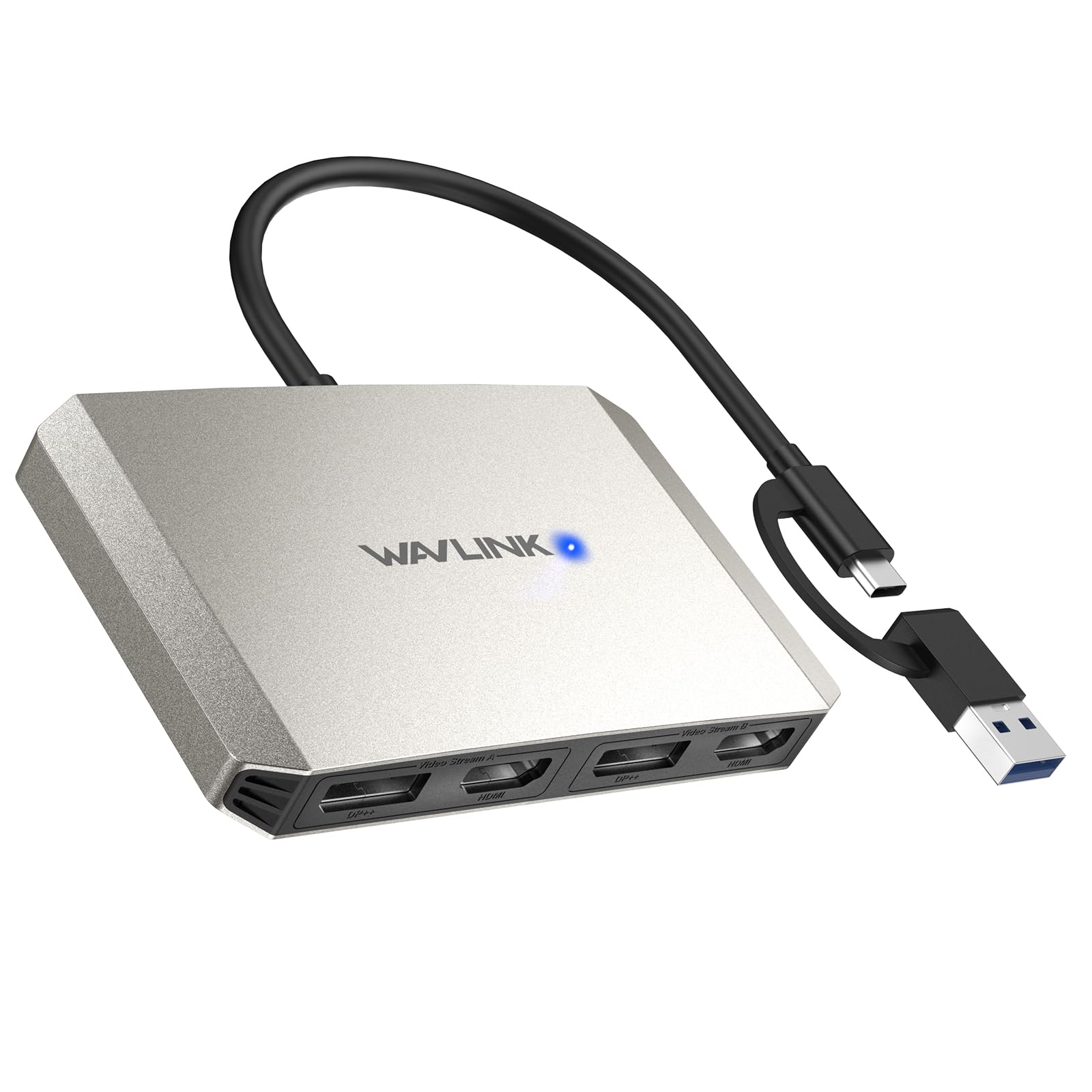 WAVLINK DisplayLink Adattatore da USB 3.0/USB-C a DisplayPort/HDMI, hub per monitor 4-in-1 con doppia risoluzione 5K/4K a 60 Hz per Windows e Mac M1/M2, Compatibile con il nuovo MacBook Neo - Argento