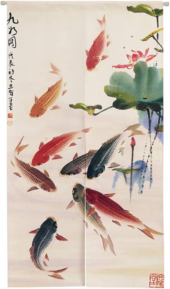 Ofat Home Chinese Ink Painting Koi Fish & Lotus Doorway Curtain – Japanese Noren Lightweight Decorative Curtain for Apartment & Closet, 33.5" x 59"