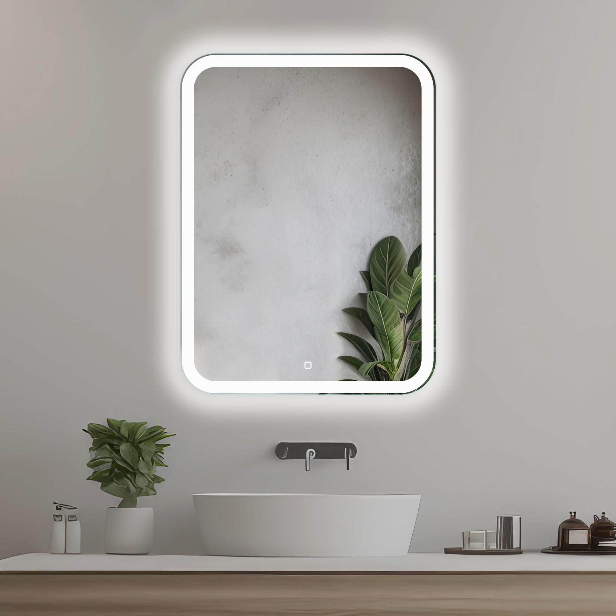 50x70 cm Prostokątne lustro łazienkowe z oświetleniem LED, Podświetlone lustro z włącznikiem, Zaokrąglone prostokątne lustro łazienkowe z naturalnym białym światłem, Podświetlane z przodu