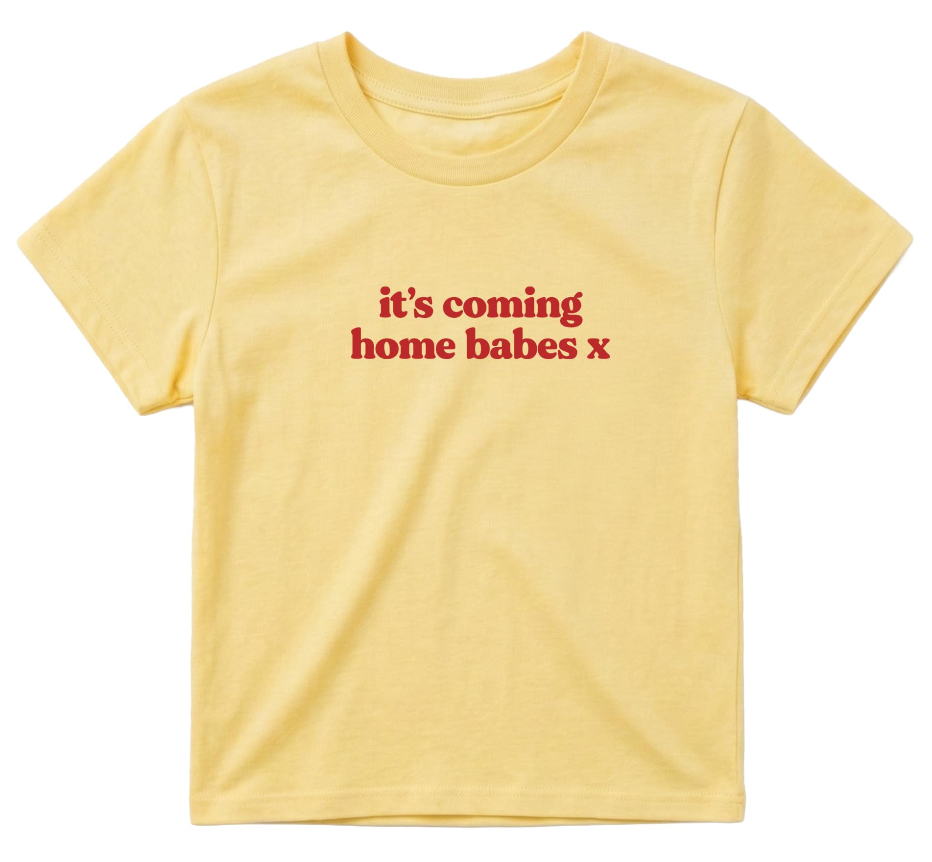 Sanfran Clothing It's Coming Home Babes x Baby Tee T-Shirt Top World Football Shirt England Scotland Country Team 2026 Soccer Womens Flag Varsity Shirt Yellow Haze (Red Text) - XS