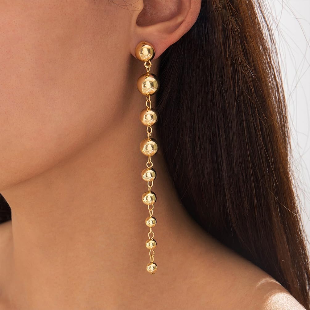 Simple Gold Long Beaded Tassel Ball Drop Dangle Earrings for Women Trendy, Statement Silver Beads Round Ball Dangly Stud Earring Party Prom Jewelry Gifts - Image 4