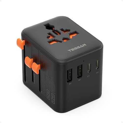 Miniatura 9 de TESSAN Adaptador de viaje universal, adaptador de corriente internacional con toma de corriente AC de 2 puntas extra, 5 puertos USB (3 USB C),