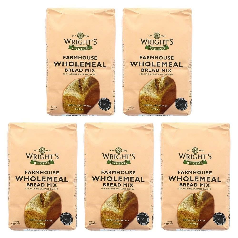 wright's | Farmhouse Wholemeal bread mix 5X500g | Simply Add Oil and Water | For Machine or Hand Baking | Suitable for Vegetarians (NP)