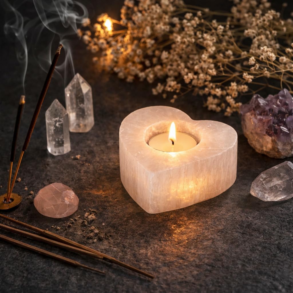 NKlaus Selenite 16329 - Portacandele a forma di cuore, 8,5 x 8,5 x 4,5 cm, a forma di cuore, per lumini e meditazione, decorazione naturale per spazi spirituali