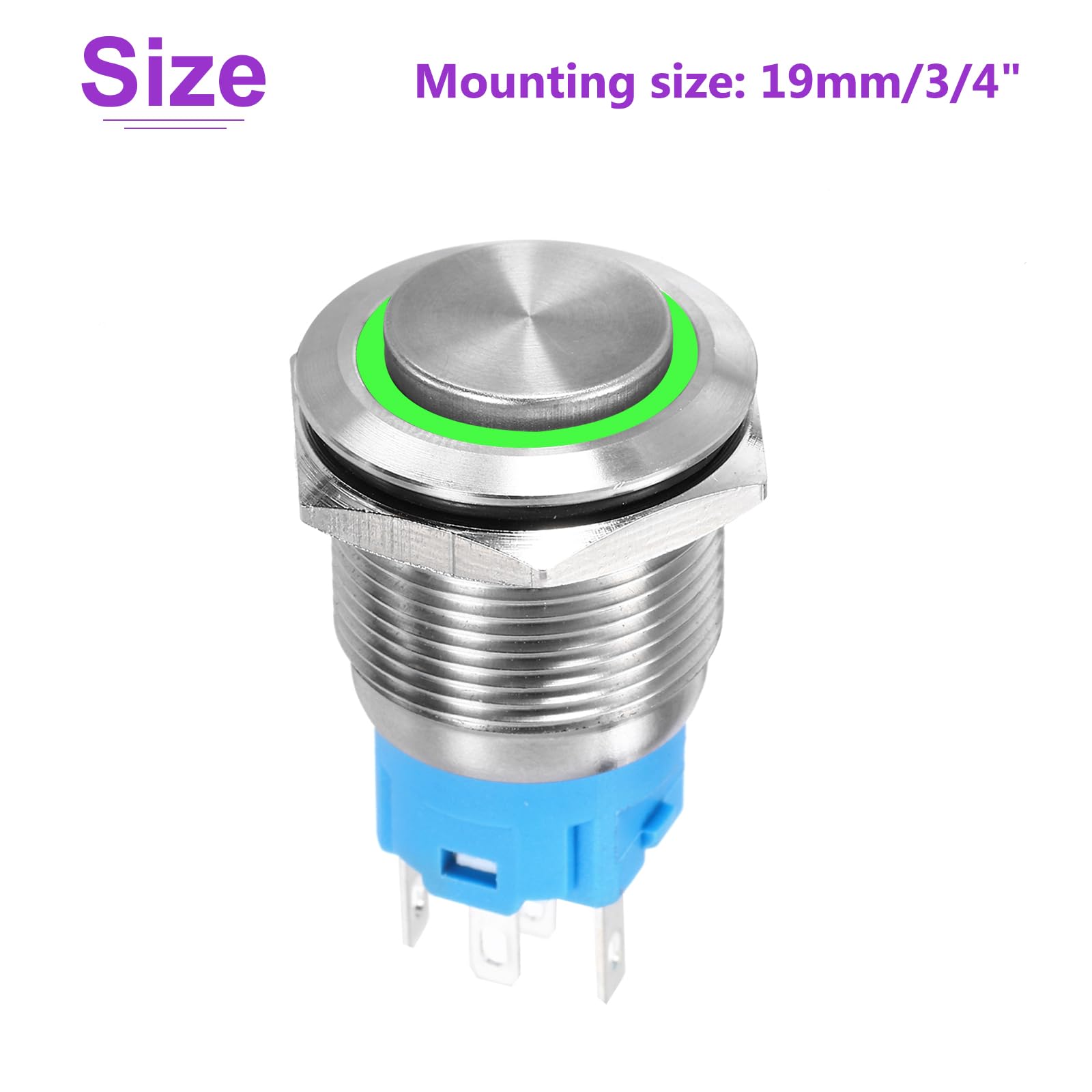DMiotech 19mm / 3/4" Stainless Steel Latching Push Button Switch Domed Head 5A 12-24V Silver Shell with Welding Foot Green LED 1NO1NC for Car Boat Systems Custom Setups - Image 4
