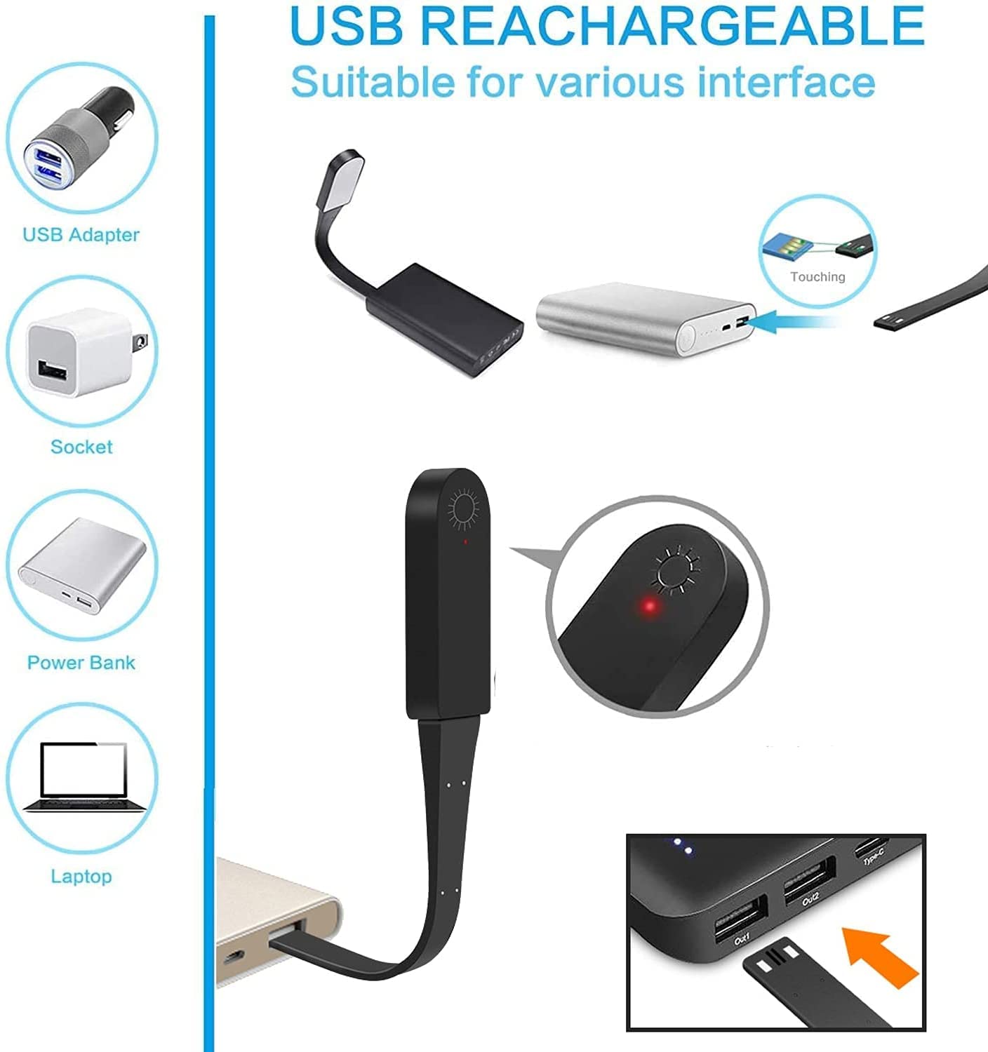 Luce Notturna Lampada da scrivania Nera, Luce da Lettura a LED Ricaricabile Tramite USB con sensore tattile, Clip Flessibile sulla Luce del Libro per la Lettura a Letto Luce di Lettura