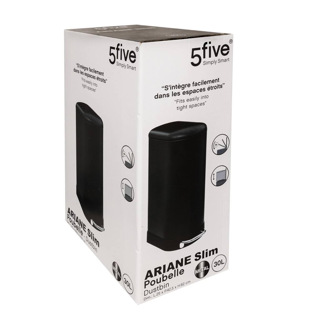 5Five - Cubo de basura de cocina Ariane Slim de 30 l, de metal negro - Cubo extraíble y asa trasera - Cierre silencioso - Para espacios reducidos