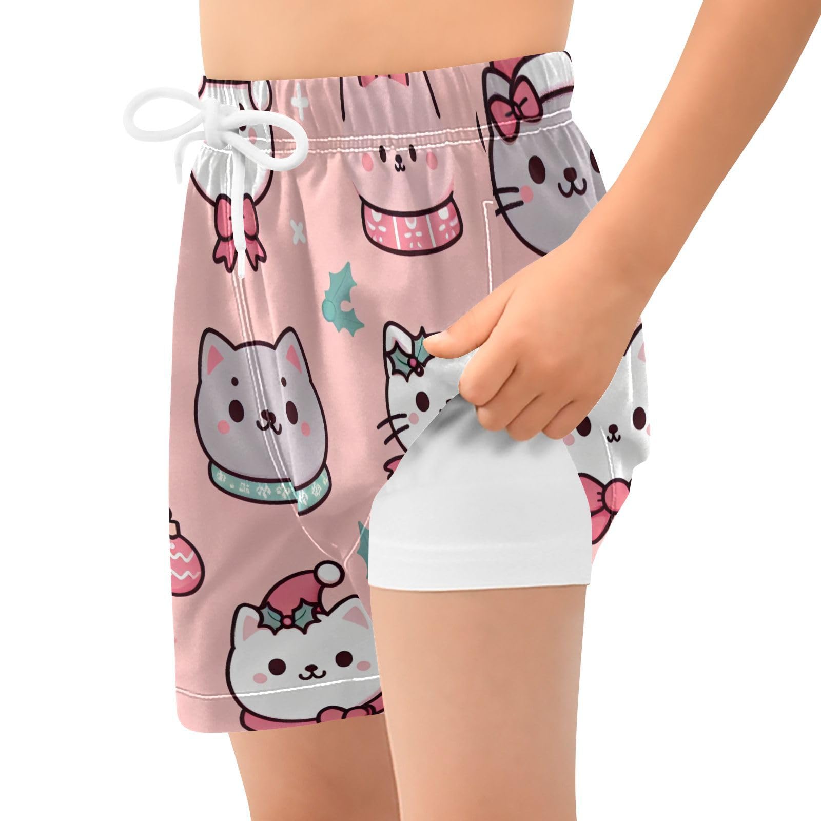 YANENDIE Boy Swim Trunks with Compression Liner Pastel Christmas Cats Boys Swim Shorts Quick Dry Beach Shorts