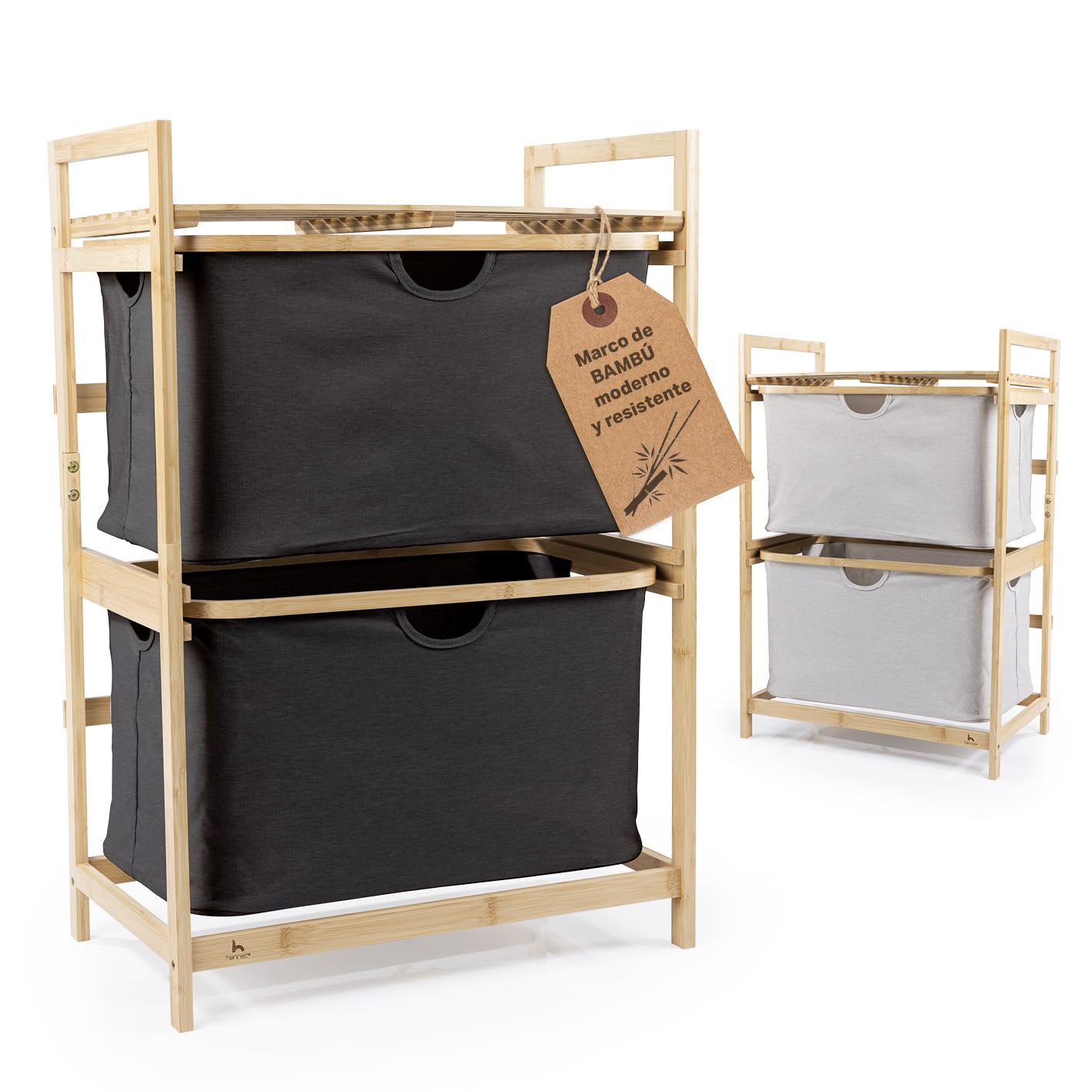 Hennez Negro Estantería De Baño Con 2 Compartimentos, Estantería De Bambú Con Estante Y 2 Cestas, Estantería De Baño Con Cajones | Estantería De Pie – Ideal Como Cómoda Y Cesta De Lavandería | Clasificador