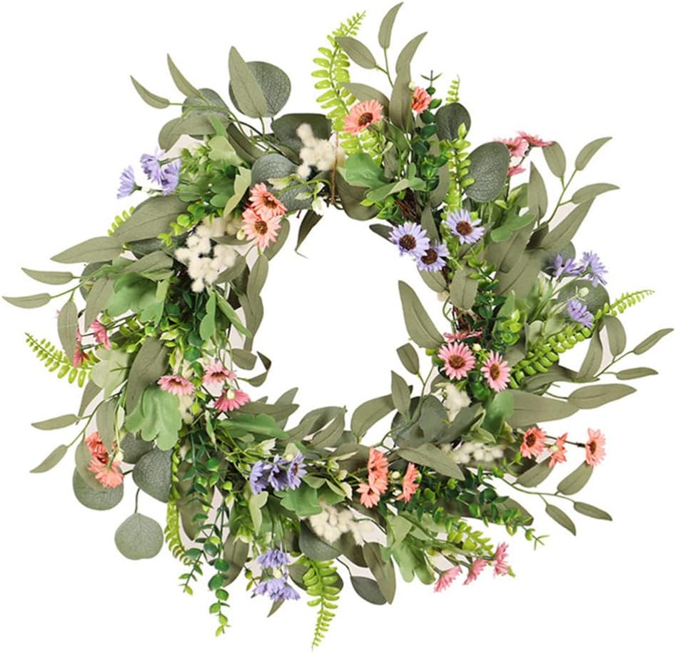 Artificial Eucalyptus Daisy Flower Wreath Spring Door Wreath Farmhouse Front Door Wreath for Indoor Outdoor Decorations