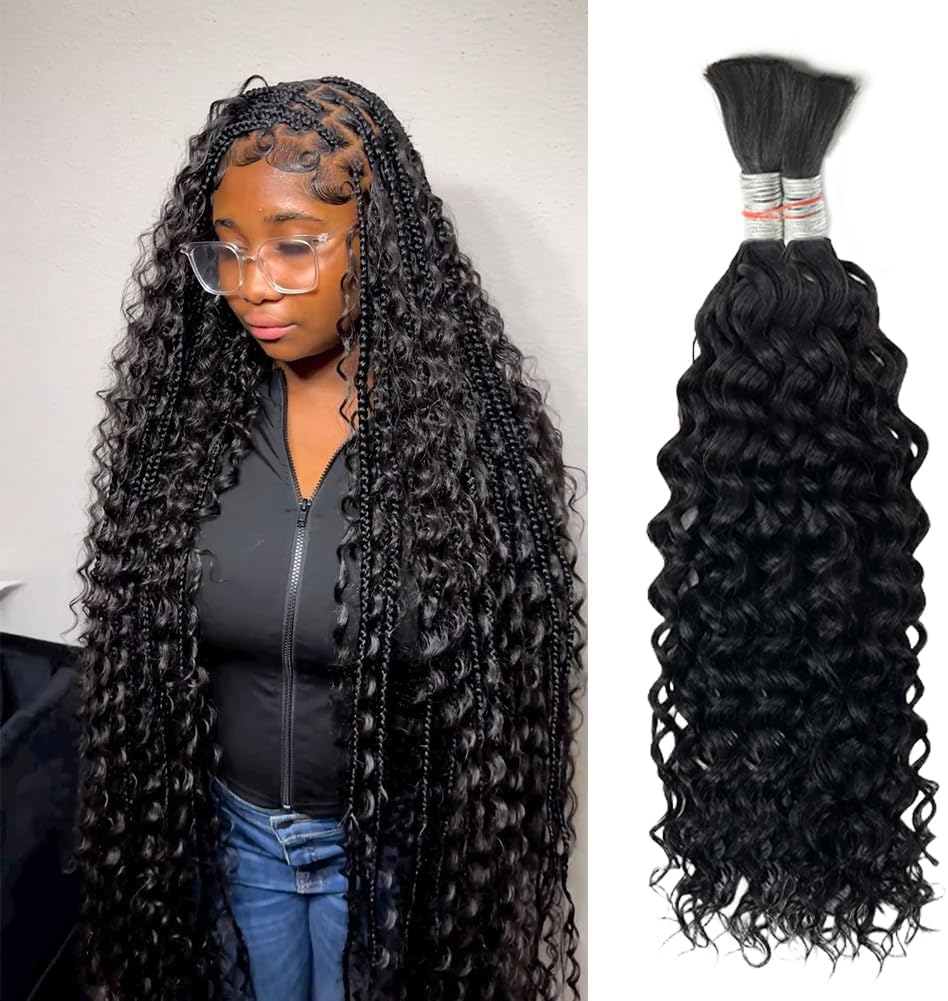 Human Braiding Hair for Boho Knotless Braids Bulk Curly Bundles Human Hair for Micro Braiding Wet and Wavy Water Wave No Weft Human Hair Extension for Box Boho Braids 2 Bundles Natural Color