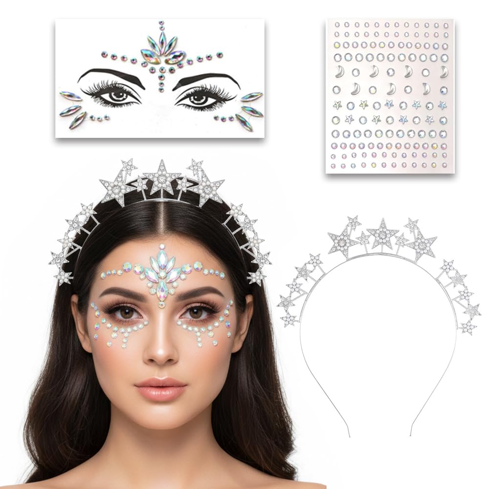 3-Piece Set: Headband Stars Rhinestone + Face Gems & Rhinestones, Halo Headpiece for Women & Girls