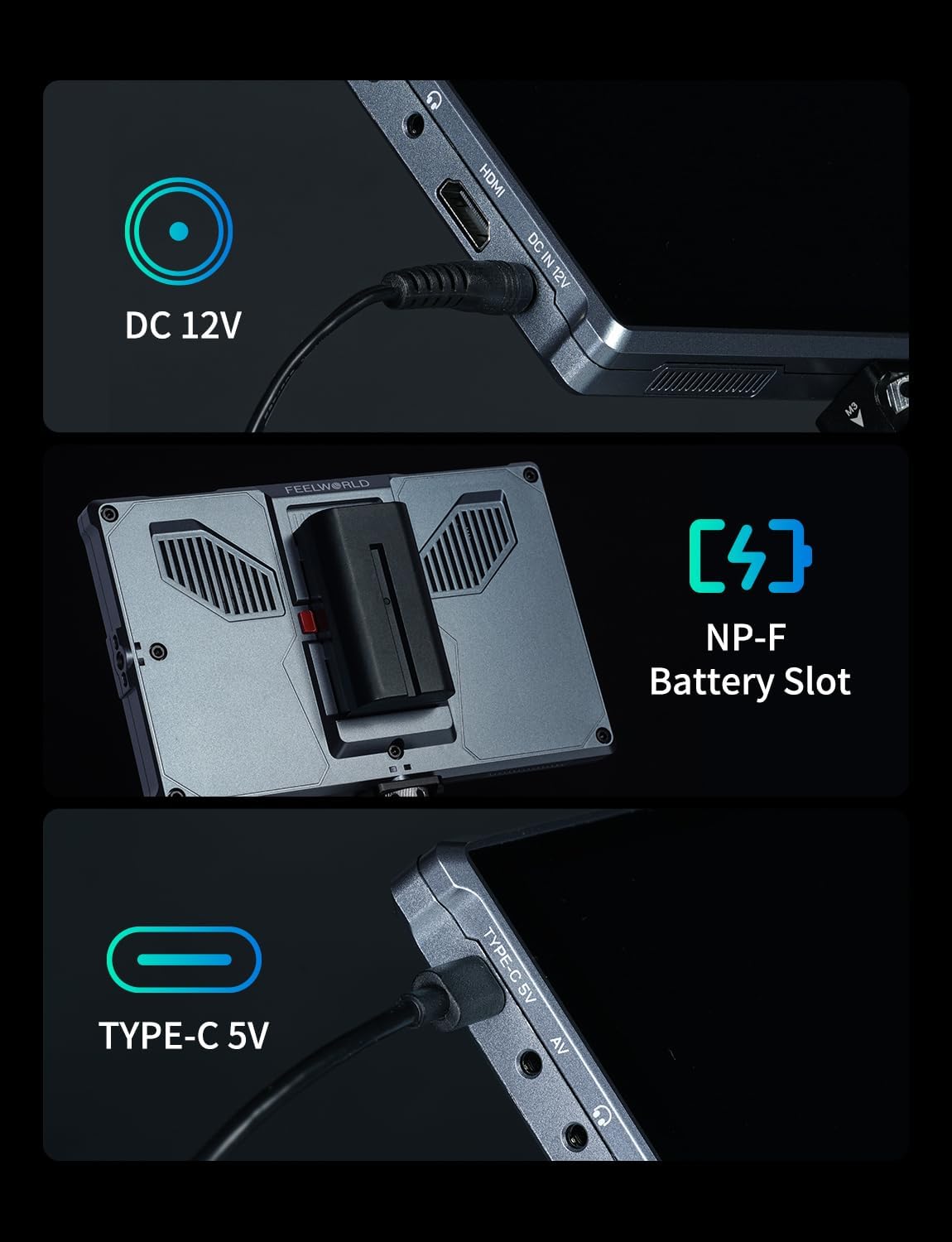 Three images showing different power input options for the FEELWORLD FW759 PRO monitor: DC 12V, NP-F battery slot, and Type-C 5V.
