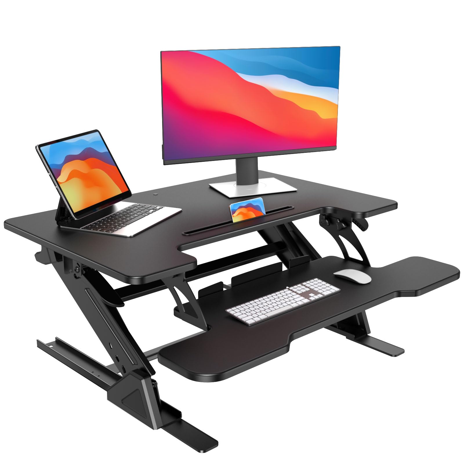 HUANUO 32" Desk Converter, Height Adjustable Sit Stand Up Desk Riser, Dual Monitor and Laptop Workstation with Wide Keyboard Tray, Standing Desk Converter for Home Office