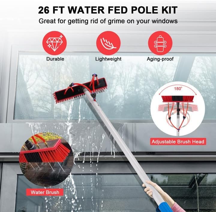 Image of 26 FT Solar Panel Cleaning Kit, Window Cleaning System, 20M Hose & Rotating BrushHead, Washing Equipment Window Cleaner Tool Water Fed Pole Kit for Roof Caravan Solar Panel