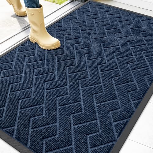 Image of OLANLY Front Door Mat Indoor Outdoor Entrance, Waterproof All-Season, All-Weather Doormat, Sturdy Natural Rubber, Low Profile, Easy Clean Patio Porch Entryway Mat, Herringbone Brick (Blue, 47x32)