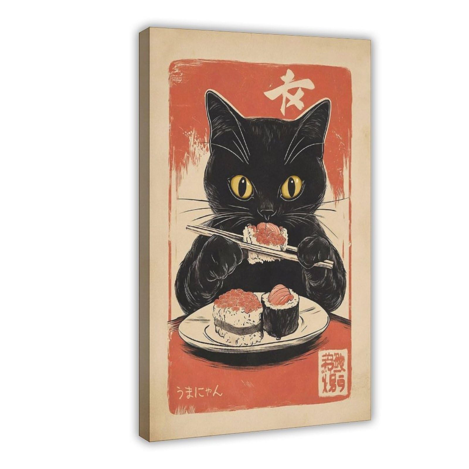 Fvkfvk Frame-Style Retro Japanese Cat Sushi Kawaii Anime Canvas Poster For Dorm Room Decor Gift