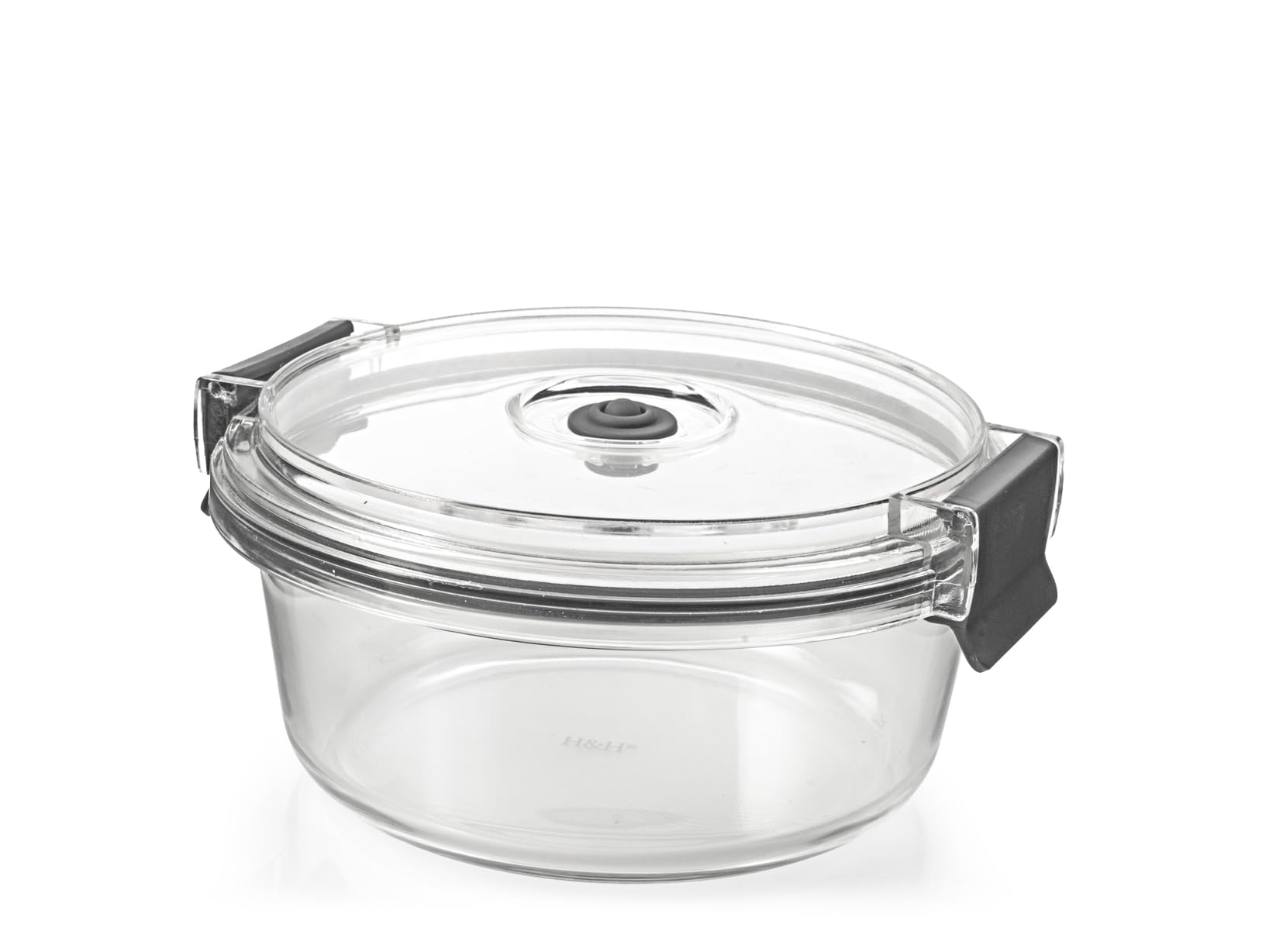 H&H Borosilicate Glass Container 970 ml with Airtight Lid and Vacuum Valve, Round Diameter 18 cm, Oven and Microwave (Without Lid), Dishwasher Safe