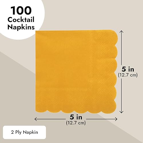 Miniatura 5 de Juvale Paquete de 100 servilletas de papel amarillo mostaza, servilletas de cóctel festoneadas, desechables para bodas, fiestas de cumpleaños (5 x 5