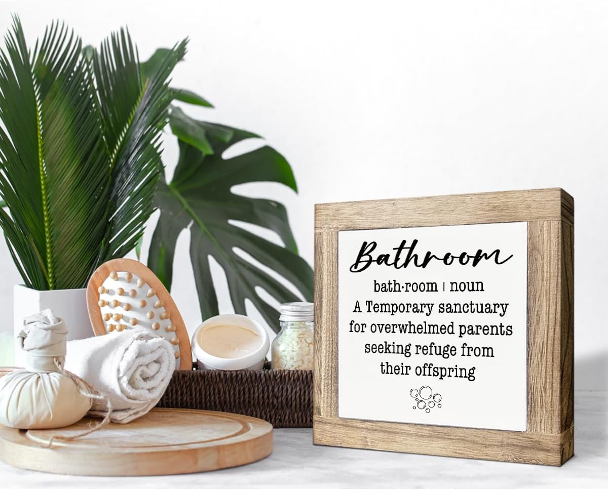 Funny Bathroom Sign, Shelves Decoration, Bathroom Definition Wood Signs, A Temporary Sanctuary Sign, Funny Restroom Decoration Gift for New Parents, Decorative Wooden Plaque 5.9X5.9X0.7inches image 4