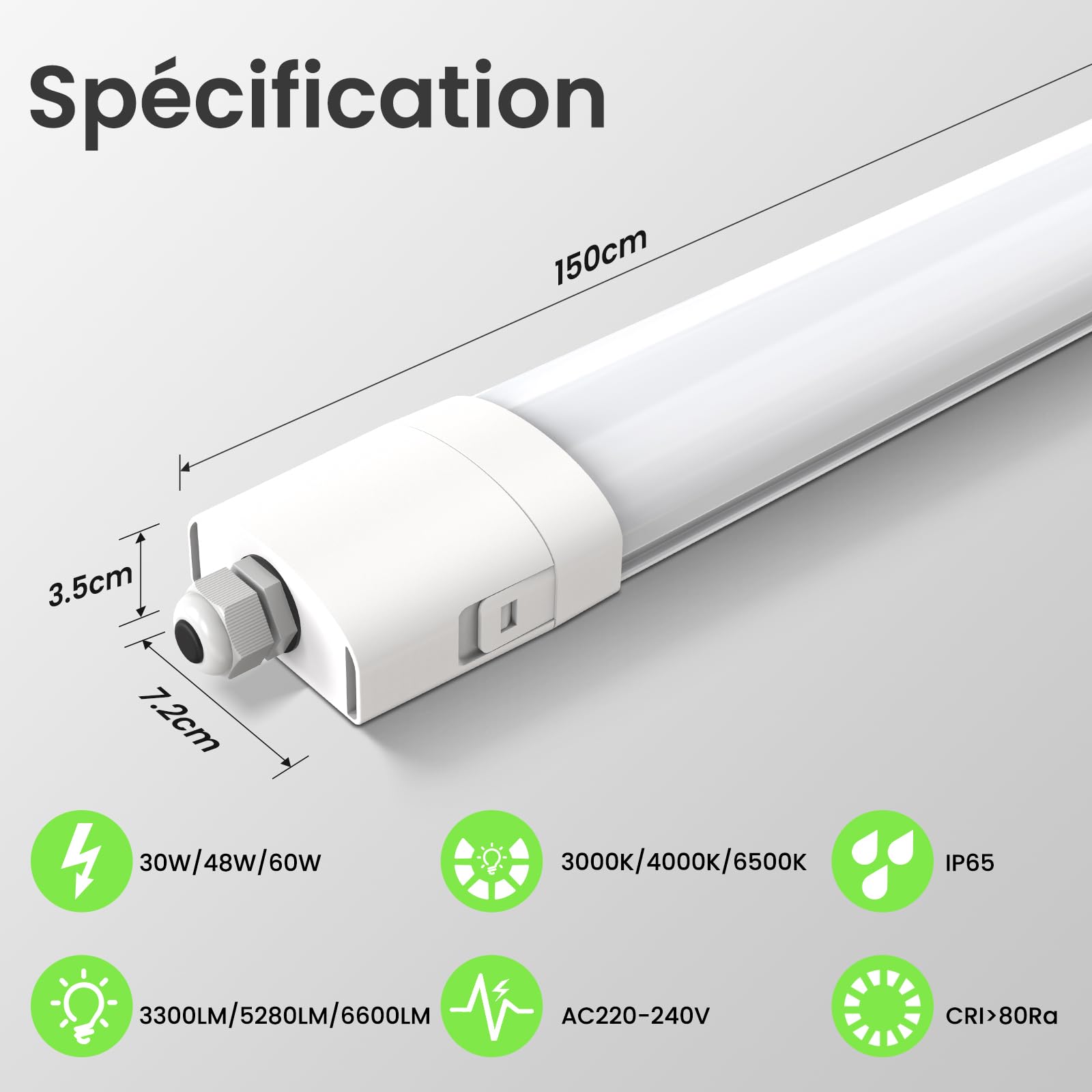 ALUSSO Lot de 2 Réglette LED 150 cm,3CCT Lumen réglables Tubes pour bureau | AC 220-240V,3000K/4000K/6500K,3300LM/5280LM/6600LM réglables,4 lampes en série,neon led pour garage,Cave,entrepôt, atelier