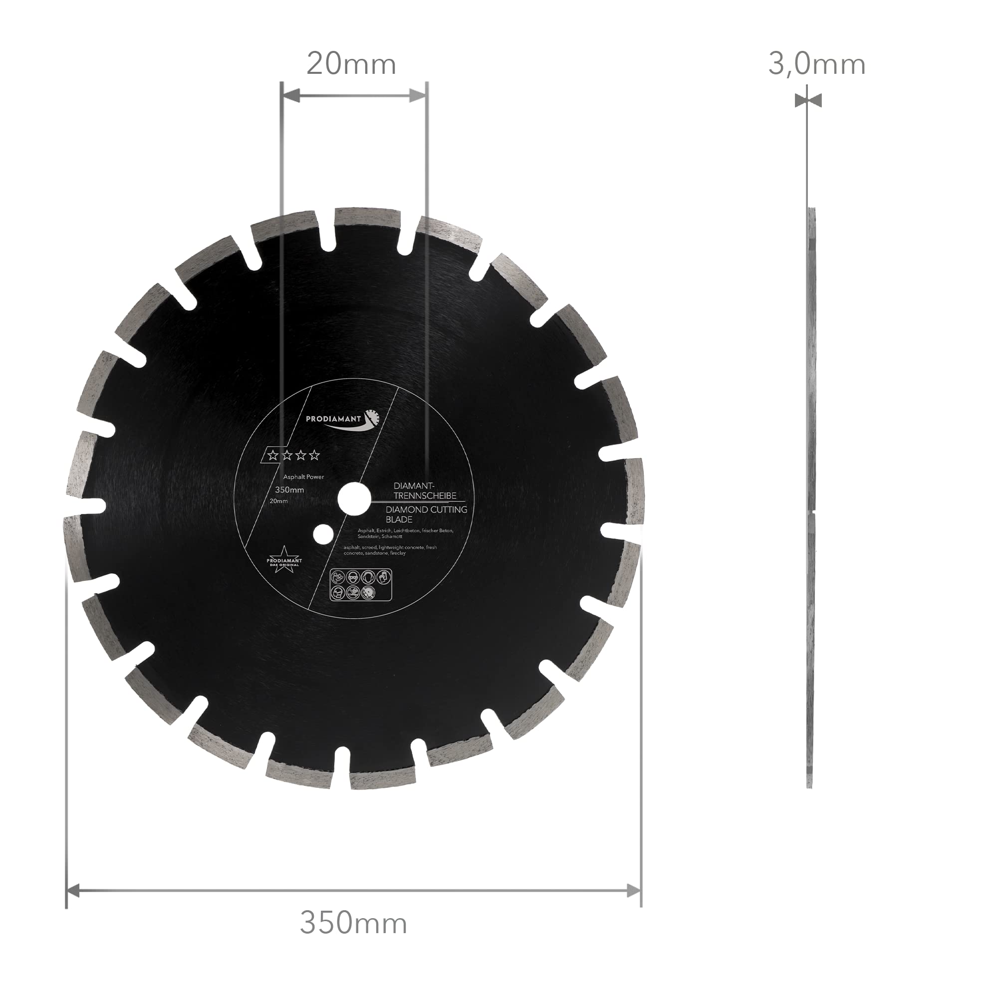 PRODIAMANT Disco de corte diamantado 350 mm x 20 mm abrasivo para asfalto, solado, hormigón ligero, hormigón fresco, arenisca y arcilla refractaria