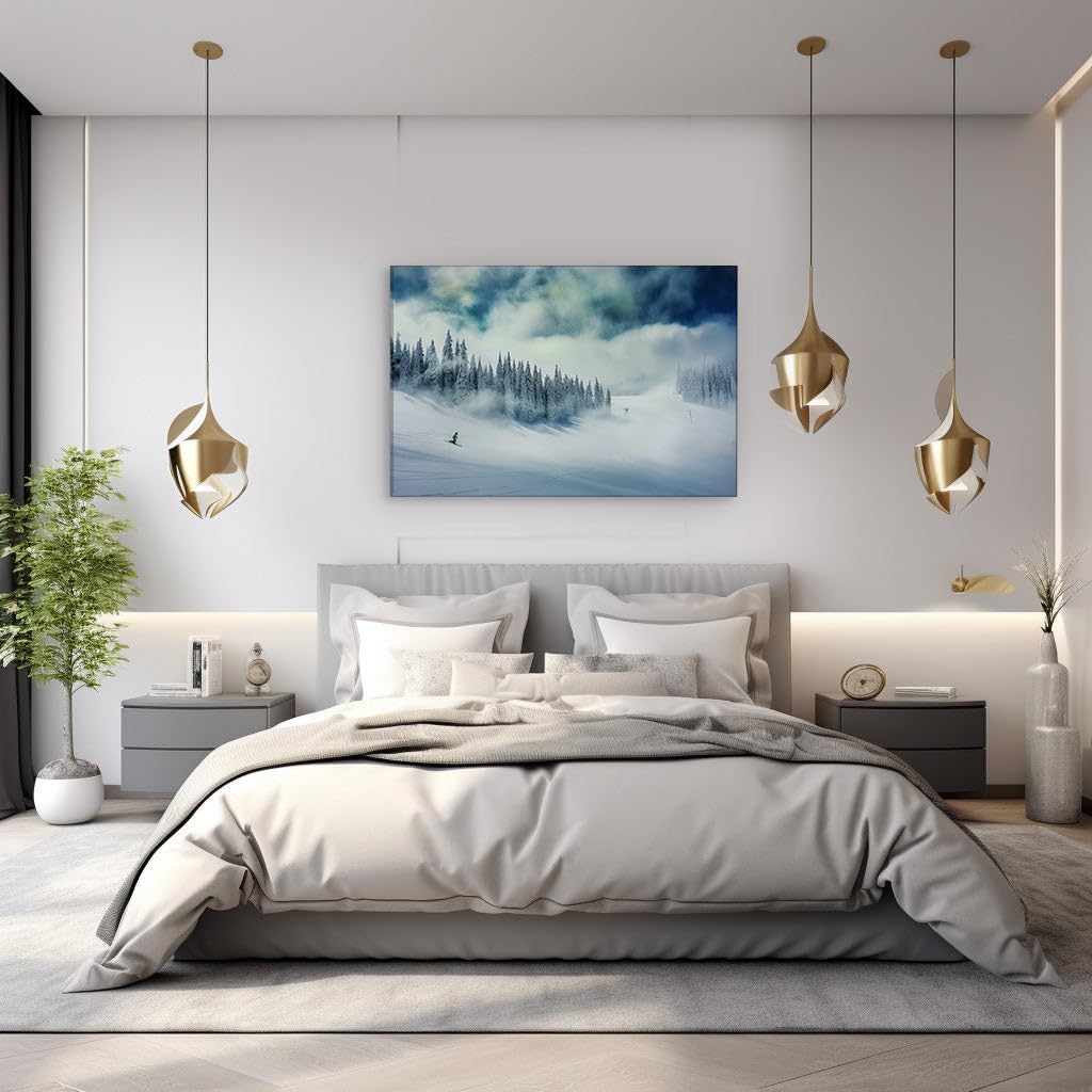 Canvas for Living room. Racing the Storm: A Skier's Dynamic Descent through a Winter Wonderland, 27 x 18 inch Canvas Wall Art - Modern Home Decor
