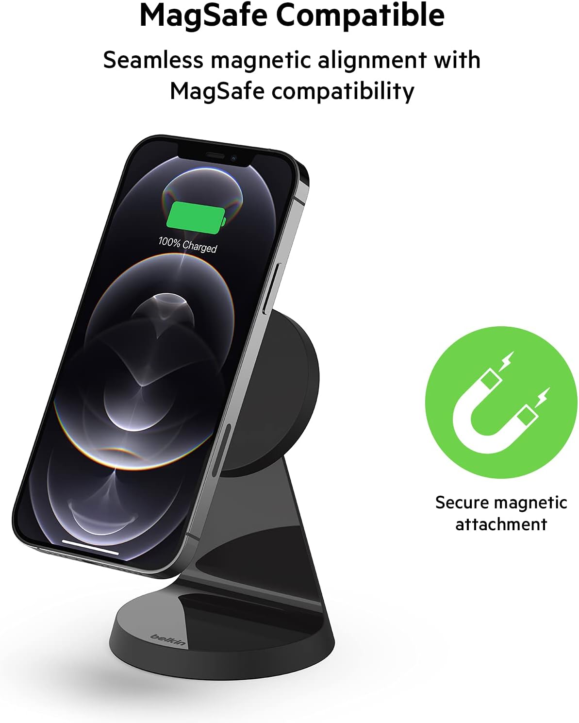 Belkin Magnetic Wireless Charger, (Power Supply Included) Wireless Charging Stand, Compatible with MagSafe for iPhone 12, 13, Pro, Pro Max, and Mini - Black