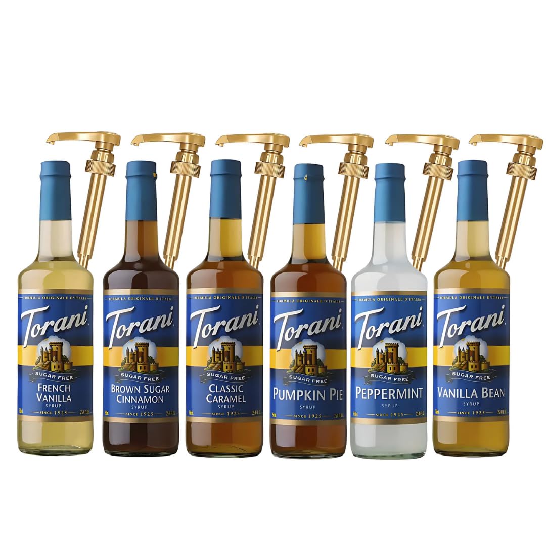 Jimoco Syrup Pump & Torani Syrup Bundle - Brown Sugar Cinnamon, Hazelnut Classic, Pumpkin Pie, Peppermint, Salted Caramel, & Toasted Marshmalow - For Italian Soda Coffee, Lattes, Frappes With 6 Pump Dispensers