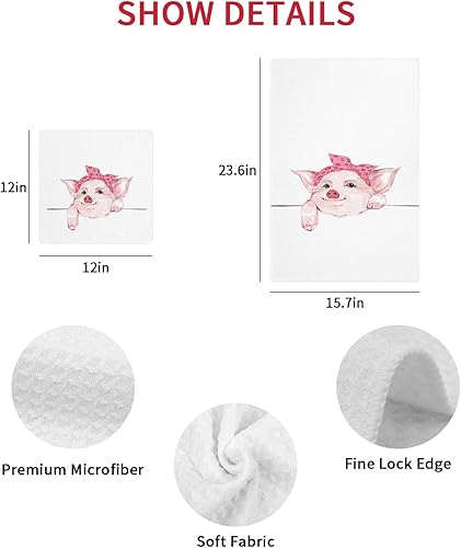 Miniatura 7 de Juego de 2 toallas de cocina de tejido de punto gofre de algodón, animales de cerdo rosa de 16 x 24 pulgadas, absorbentes, de secado rápido, para